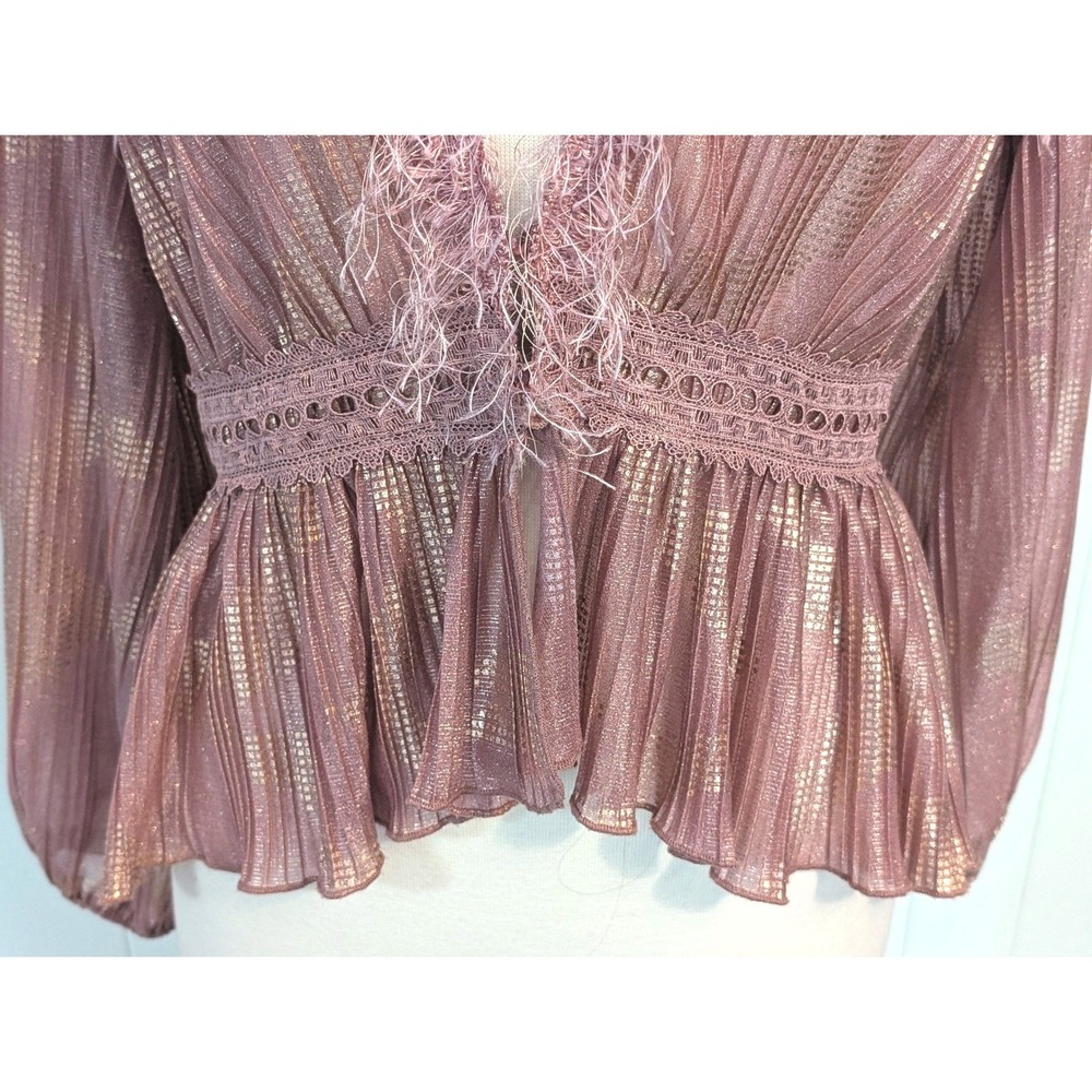 Moon River Dusty Rose Metallic Peplum Blouse L Eyelash Feather Trim Boho Glam - Picture 9 of 10